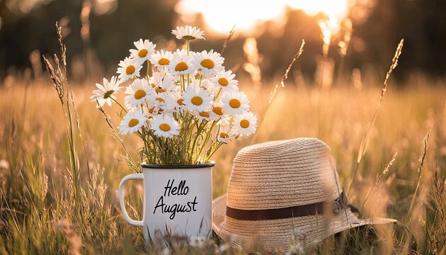 A peaceful summer scene featuring a white mug labeled "Hello August" filled with fresh white daisies