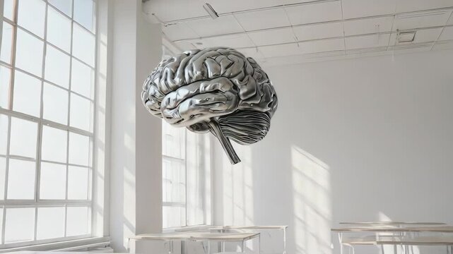 Metallic brain floats above empty classroom desks bathed in bright light