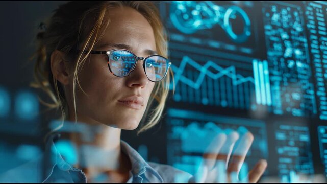 Analytical Vision: A focused woman, wearing glasses, interacts with an array of futuristic digital interfaces, immersed in the world of data analytics and technological innovation.