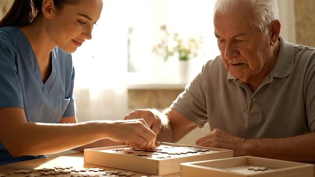 Elderly Man in Gray Shirt Solving Jigsaw Puzzle with Female Caregiver in Blue Uniform Near Window with Natural Light for