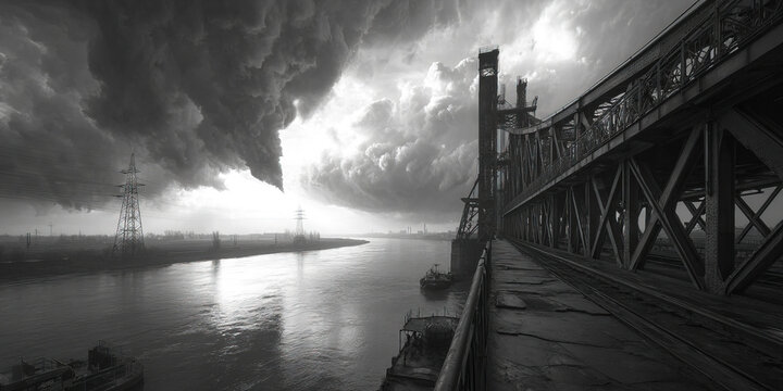 Modern bridge over a river during fog with dramatic sky and surrounding technology - Powered by Adobe