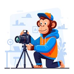An anthropomorphic primate, kneeling, operates a camera on a tripod, in a vibrant, stylized illustration. Background has office elements