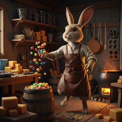 An anthropomorphic rabbit, wearing an apron, playfully tosses colorful treats into a wooden barrel in a rustic workshop setting