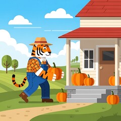 An anthropomorphic tiger in overalls and a straw hat carries pumpkins near a house. Autumn colors and landscape depicted