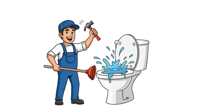 Cartoon plumber fixing toilet clog with plunger and hammer, ensuring smooth plumbing solutions and happy homes with expert repair services