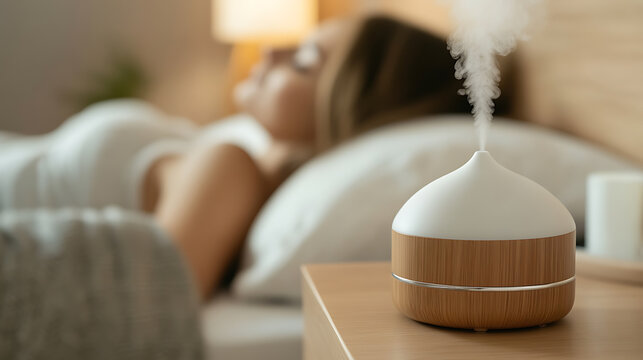 Relaxing at bedtime with a diffuser. A woman sleeping in her bed with an essential oil diffuser on the bedside table. The diffuser is releasing a mist into the room.