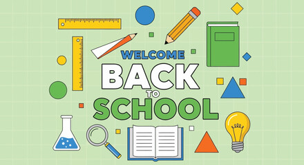 Welcome Back to School Design with Stationery, Books, and Geometric Shapes on Green Background