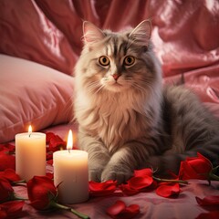 Cat with candles and rose petals romantic evening light