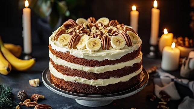 A tall layered banana cake with caramel frosting, topped with sliced bananas and pecans, surrounded by lit candles