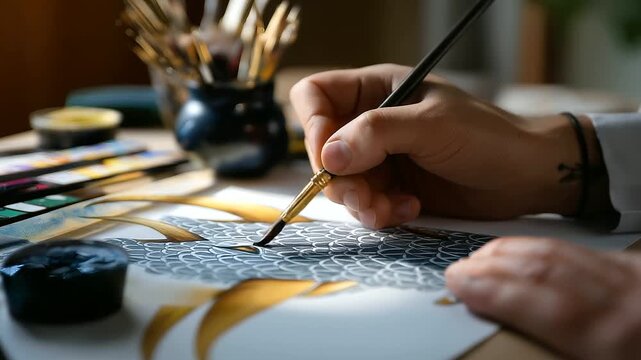 Overhead angle showing faceless artist creating detailed line art of dragon prow with geometric patterns, with copy space
