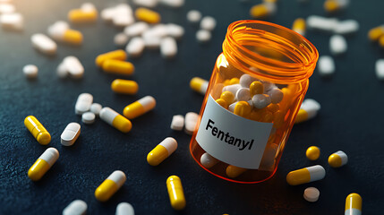 A bottle of Fentanyl pills sits amidst a scattering of loose capsules, raising awareness about prescription medication and the dangers of misuse of prescription opioid medication.