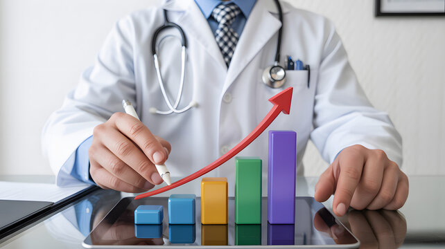 Doctor analyzes growth chart on tablet, showcasing healthcare industry success and positive financial trends, signaling innovation and progress in medicine