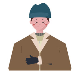 寒がる男性。冬の寒さに凍える人物。寒くて震える。コート、手袋、ニット帽。ベクターイラスト