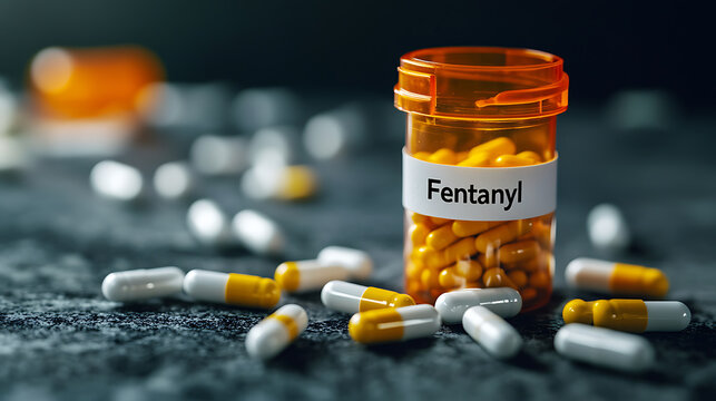 Close-up shot displaying an orange pill bottle labeled 'Fentanyl' with yellow and white capsules spilled on a textured dark surface, focusing on medication and potential opioid crisis.