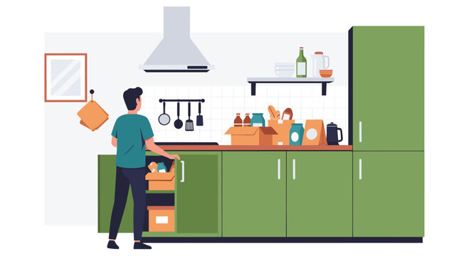 Man organizing pantry staples in modern kitchen, embrace healthy eating and efficient storage solutions for a vibrant lifestyle