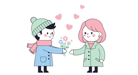 Obraz premium Sweet boy surprises girl with beautiful flowers and hearts, celebrating young love and affection in a charming winter scene