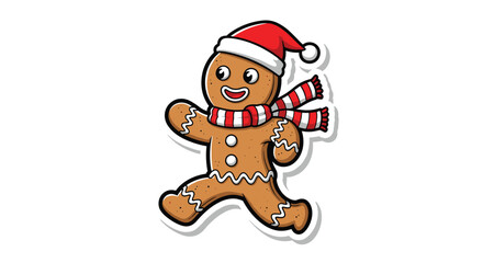 Joyful gingerbread man with Santa hat and striped scarf running happily, perfect for holiday cheer and festive designs