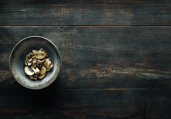 A blue ceramic bowl of whole button mushrooms on a dark wooden surface