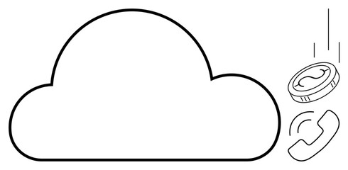 Cloud symbol with falling coin and phone handset representing financial transactions, communication technology, and data storage. Ideal for business, technology, cloud, finance, saving