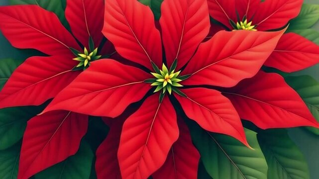 Red poinsettia flowers with vibrant green leaves in close-up view  