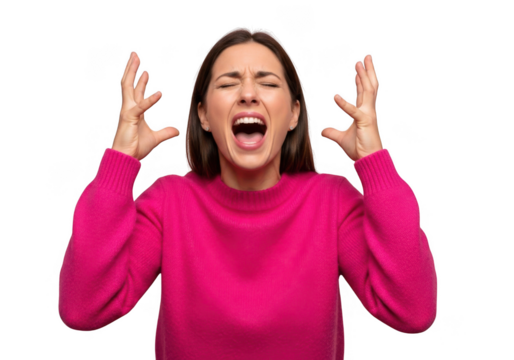 Woman in pink sweater screaming in frustration with hands raised isolated on transparent background