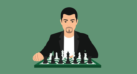 Strategic mindset shows man playing chess, a symbol of planning, intelligence, and business acumen to win with strategy and logical thinking