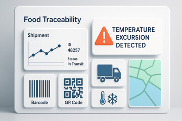 Urgent food traceability technology interface displays critical shipment alert. This supply chain logistics system monitors temperature for food safety and quality control