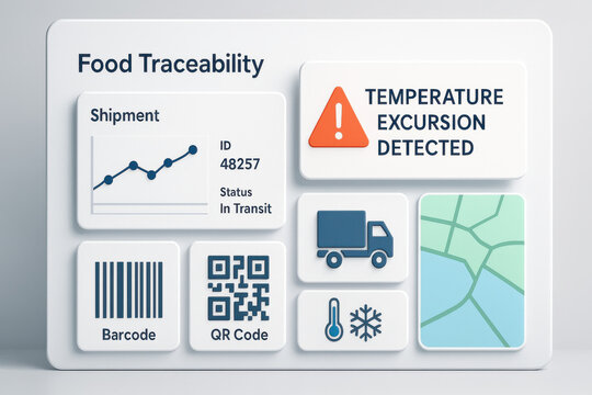 Urgent food traceability technology interface displays critical shipment alert. This supply chain logistics system monitors temperature for food safety and quality control
