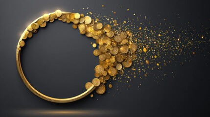 Golden ring with falling coins against dark background financial concept
