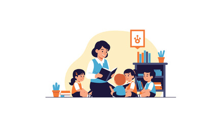 Fototapeta premium Joyful teacher reading to attentive children in a bright, engaging classroom setting, fostering learning and imagination