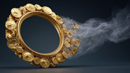 Ornate gold frame with coin details dissolving into smokey effect background