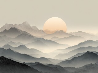 Sunrise Over Mountain Range Minimalist Vector Art in Soft Earth Tones, Neutral Background