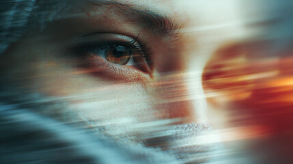 Focused eyes observing in a dynamic and colorful perspective, portraying intensity, focus, and a sense of wonder. The depth of field highlights the subject's keen gaze.