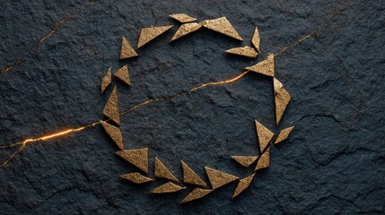 Abstract golden wreath design on dark stone background with copy space