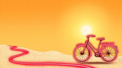 Glowing bicycle silhouette on sandy path with bright orange sky and sunlight