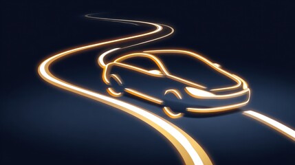 Abstract illuminated car following glowing road on dark background