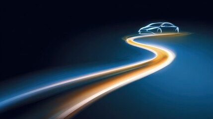 Modern car silhouette on a winding path with glowing streaks dark backdrop