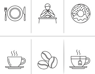 Simple line art icons for food and drink plate fork
