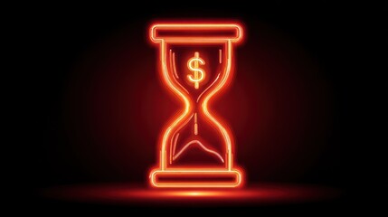 Neon hourglass icon with dollar sign symbolizing time and money