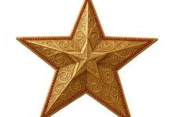 Ornate gold star christmas decoration with red beads, festive holiday symbol on transparent background