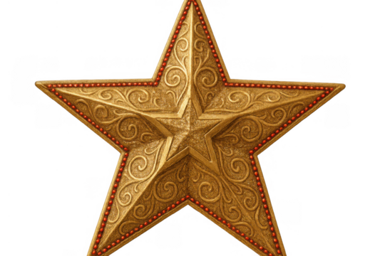 Ornate gold star christmas decoration with red beads, festive holiday symbol on transparent background