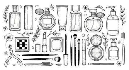 Hand-drawn vector illustration of various cosmetic products and beauty accessories, perfect for beauty blogs and makeup tutorials