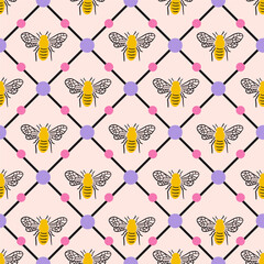 Bees inside Checks Vector Seamless Pattern