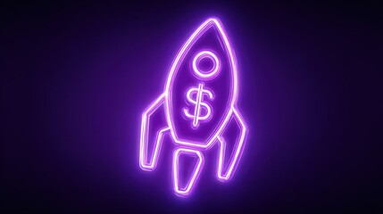 Glowing neon rocket ship with dollar sign for financial concepts