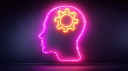Neon head silhouette with gear concept of artificial intelligence