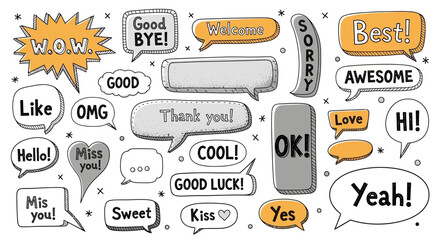 Collection of Speech Bubbles with Various Words and Exclamations for Communication and Expression
