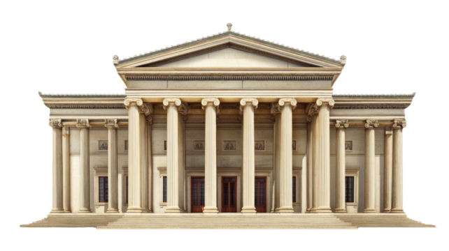 Elegant classical style building with columns and detailed architecture, historic urban structure, traditional design exterior, isolated on white background