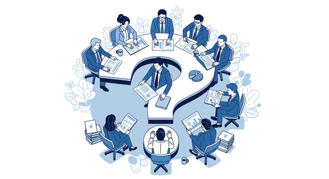 Dynamic team brainstorming around a question mark table for creative problem solving, business strategy, and collaborative decision making