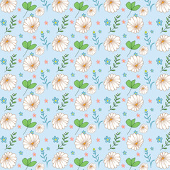 Colorful Seamless Botanical Floral Pattern on Light Blue Background