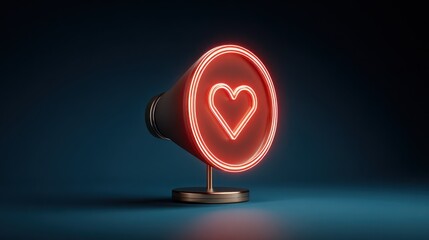 Neon heart symbol within megaphone against dark blue background